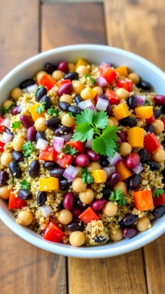 A colorful three bean quinoa salad with beans, bell peppers, and cilantro on a wooden table.